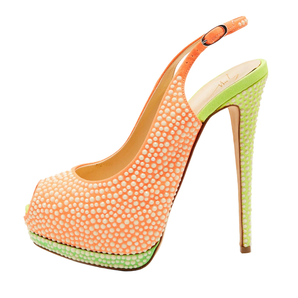 Giuseppe Zanotti Orange Suede Crystal Embellished Peep Toe Platform Slingback - size 36 EU