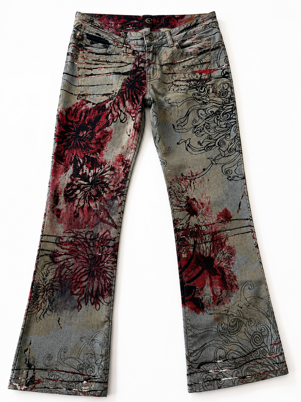 2000s Cavalli Flowers Scar Red Signature Grey Denim Jeans - size 36/S