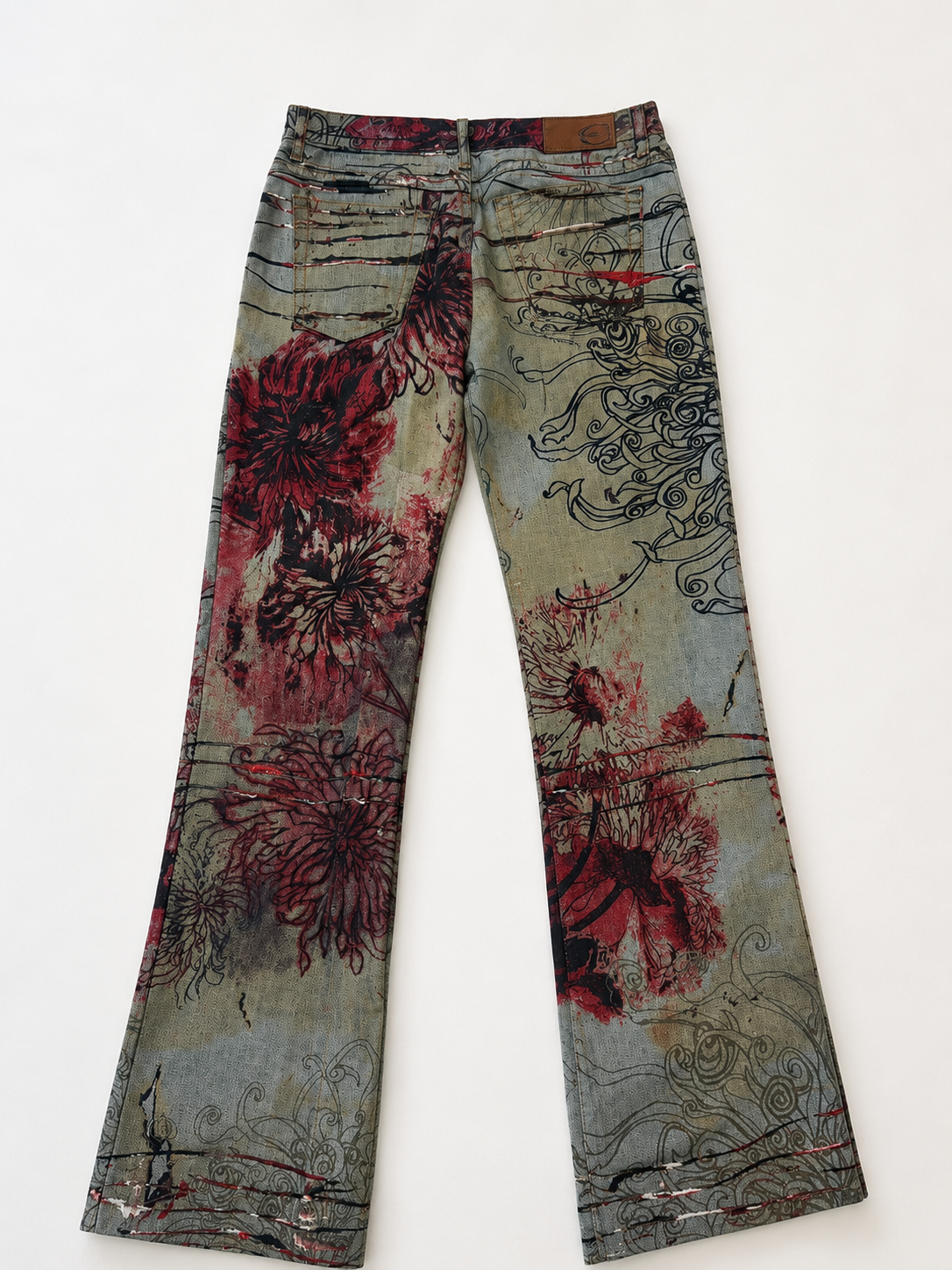 2000s Cavalli Flowers Scar Red Signature Grey Denim Jeans - size 36/S