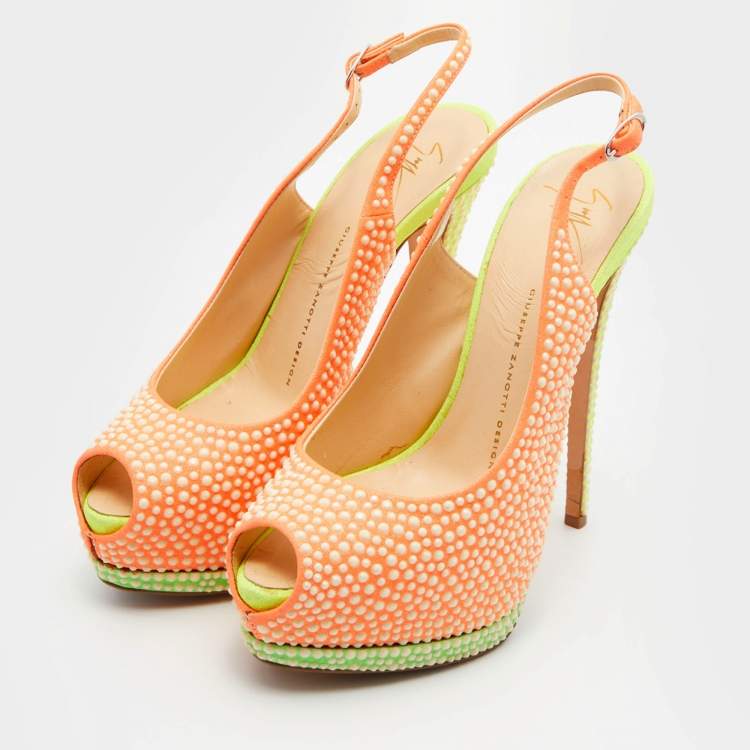 Giuseppe Zanotti Orange Suede Crystal Embellished Peep Toe Platform Slingback - size 36 EU