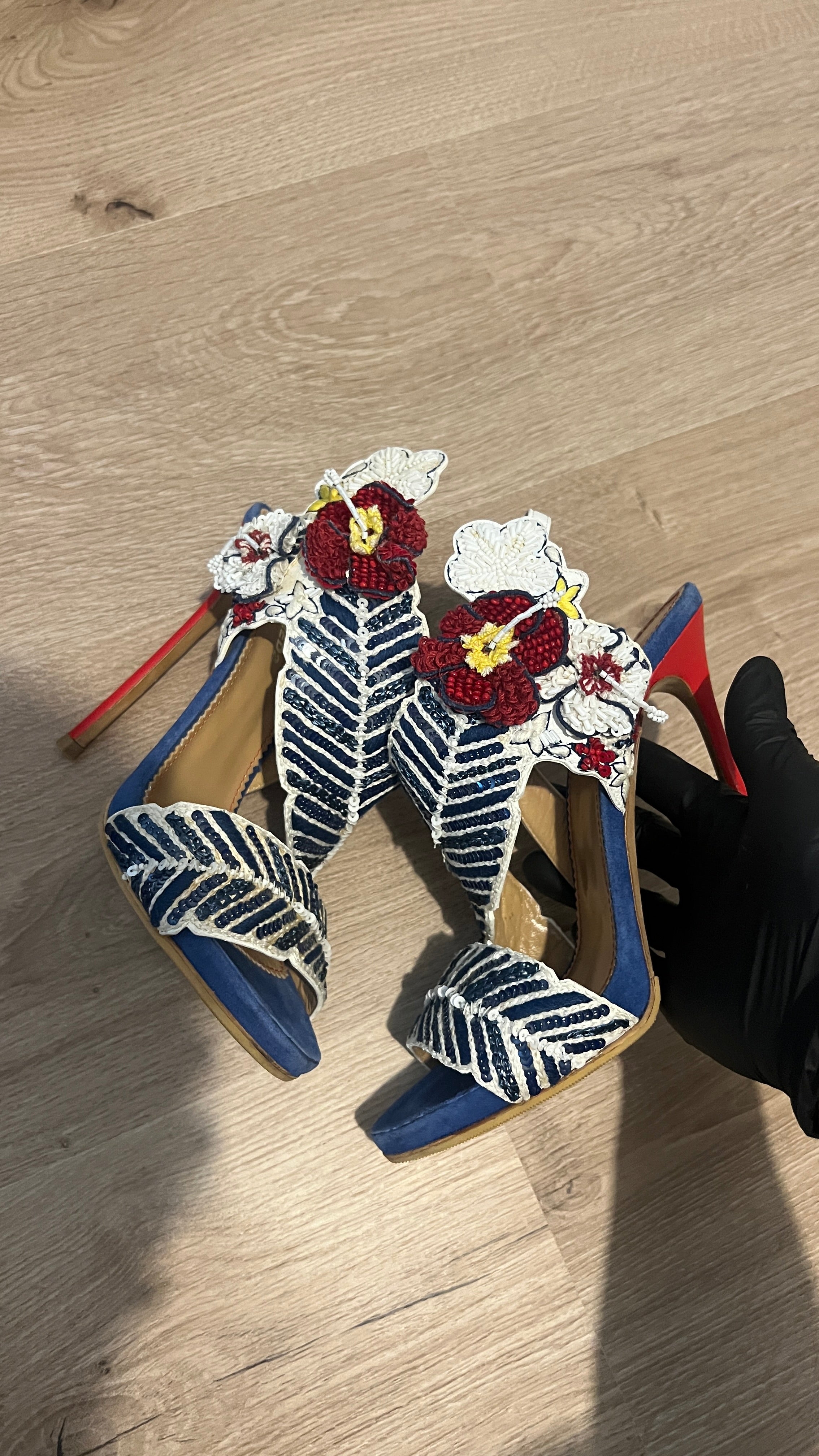 DSQUARED 2 Aloha Embroidered Blue Red Napa Heels - size 38,5 EU