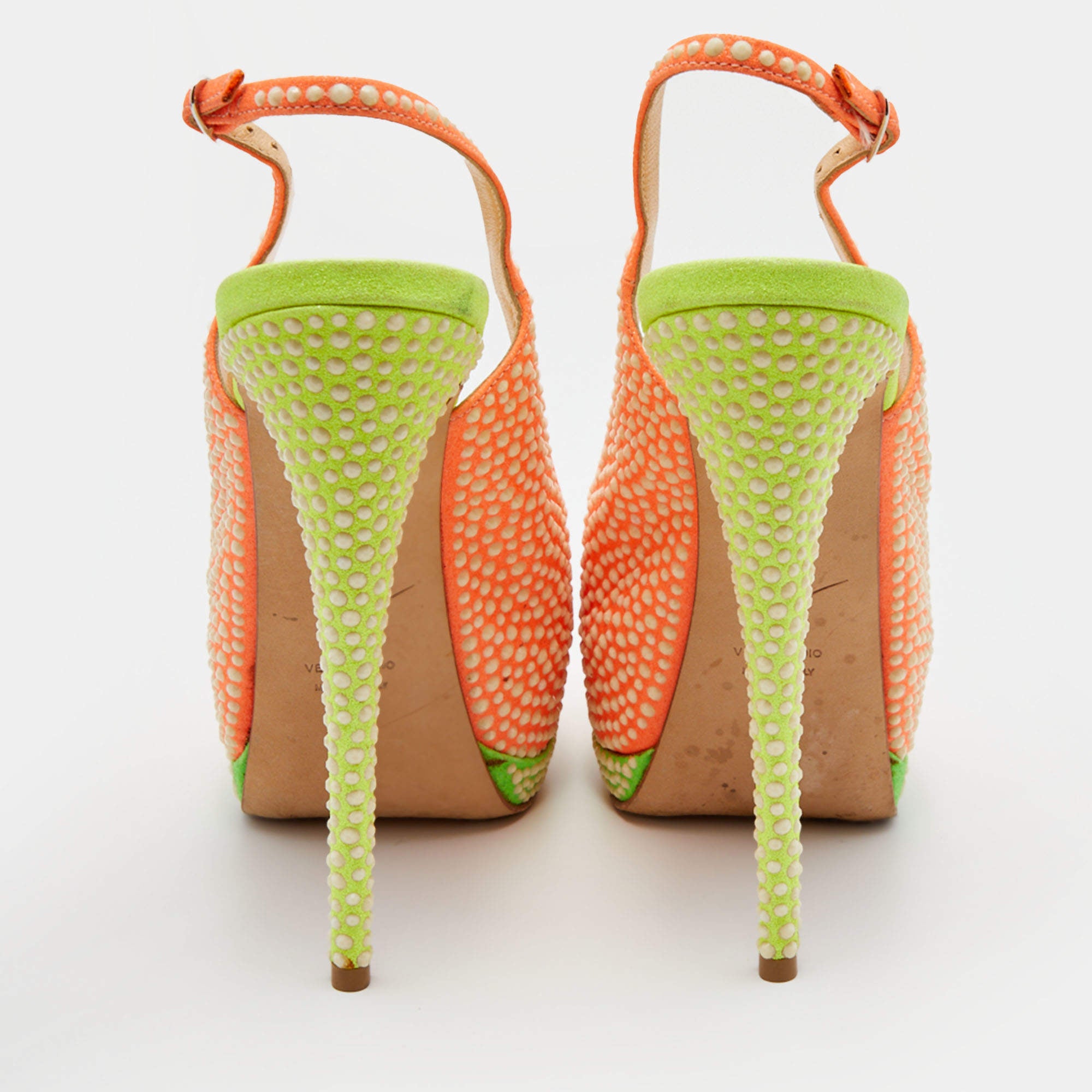 Giuseppe Zanotti Orange Suede Crystal Embellished Peep Toe Platform Slingback - size 36 EU