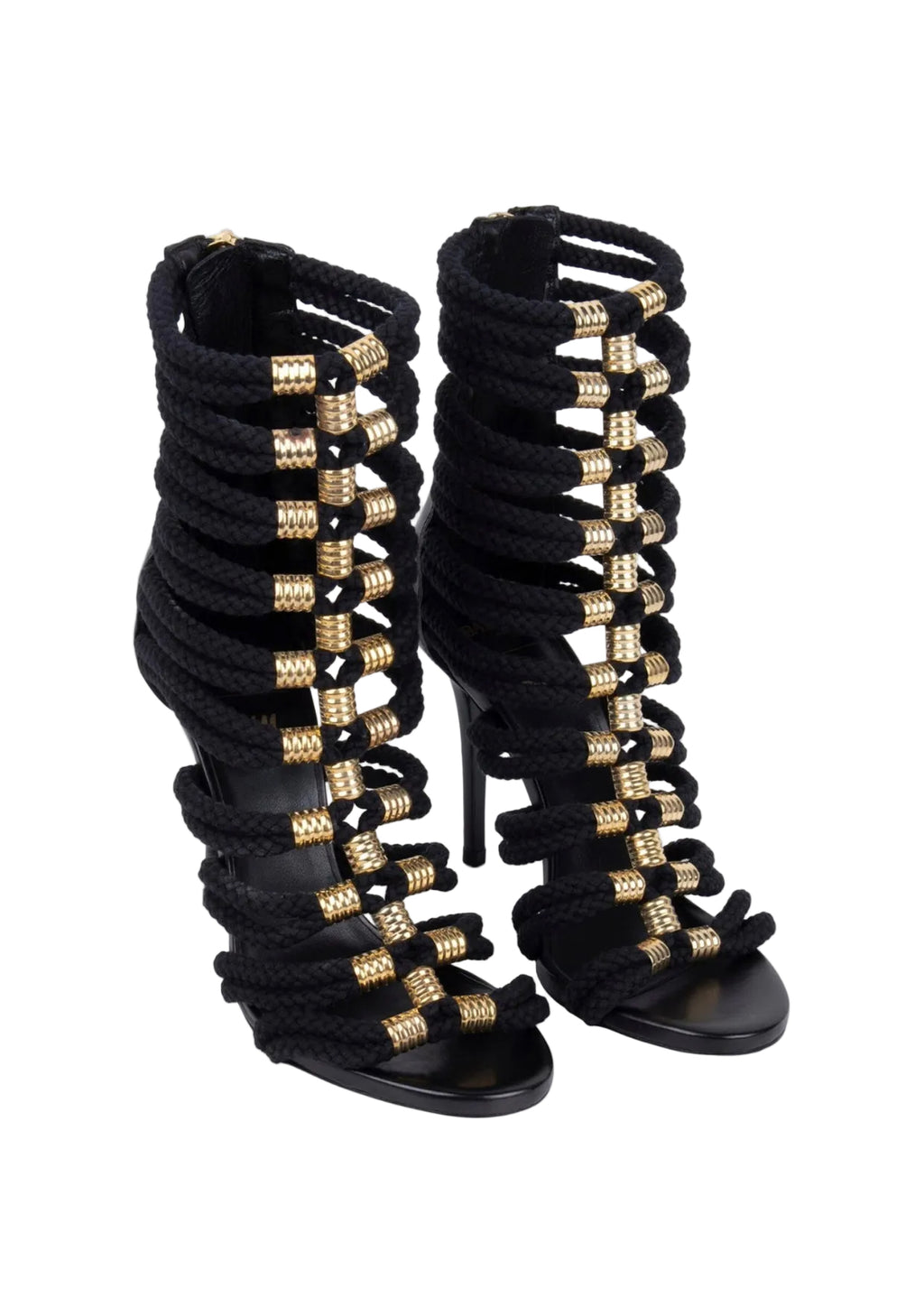 Balmain x H&M black and gold strappy stiletto heels 2015 - US 10