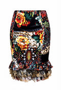 Roberto Cavalli 2000s multicolor floral and leopard print fitted ruffled SKIRT