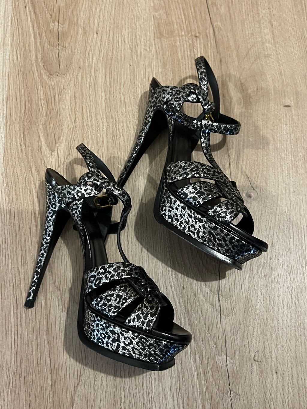 Saint Laurent YSL Tribute Metallic Leopard Platform Sandals - size 40 EU