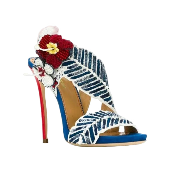 DSQUARED 2 Aloha Embroidered Blue Red Napa Heels - size 38,5 EU