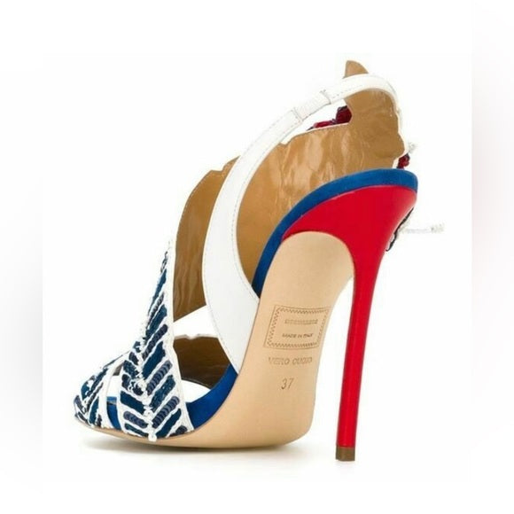 DSQUARED 2 Aloha Embroidered Blue Red Napa Heels - size 38,5 EU