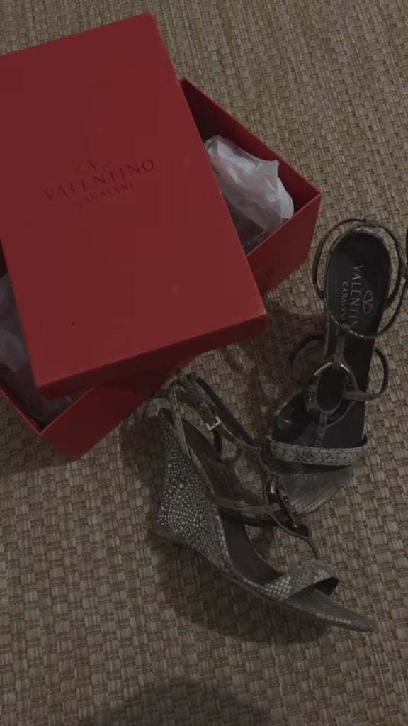Valentino Beige Snake Effect Fabric And Crystal Embellished Wedge Sandals - size 39,5 EU